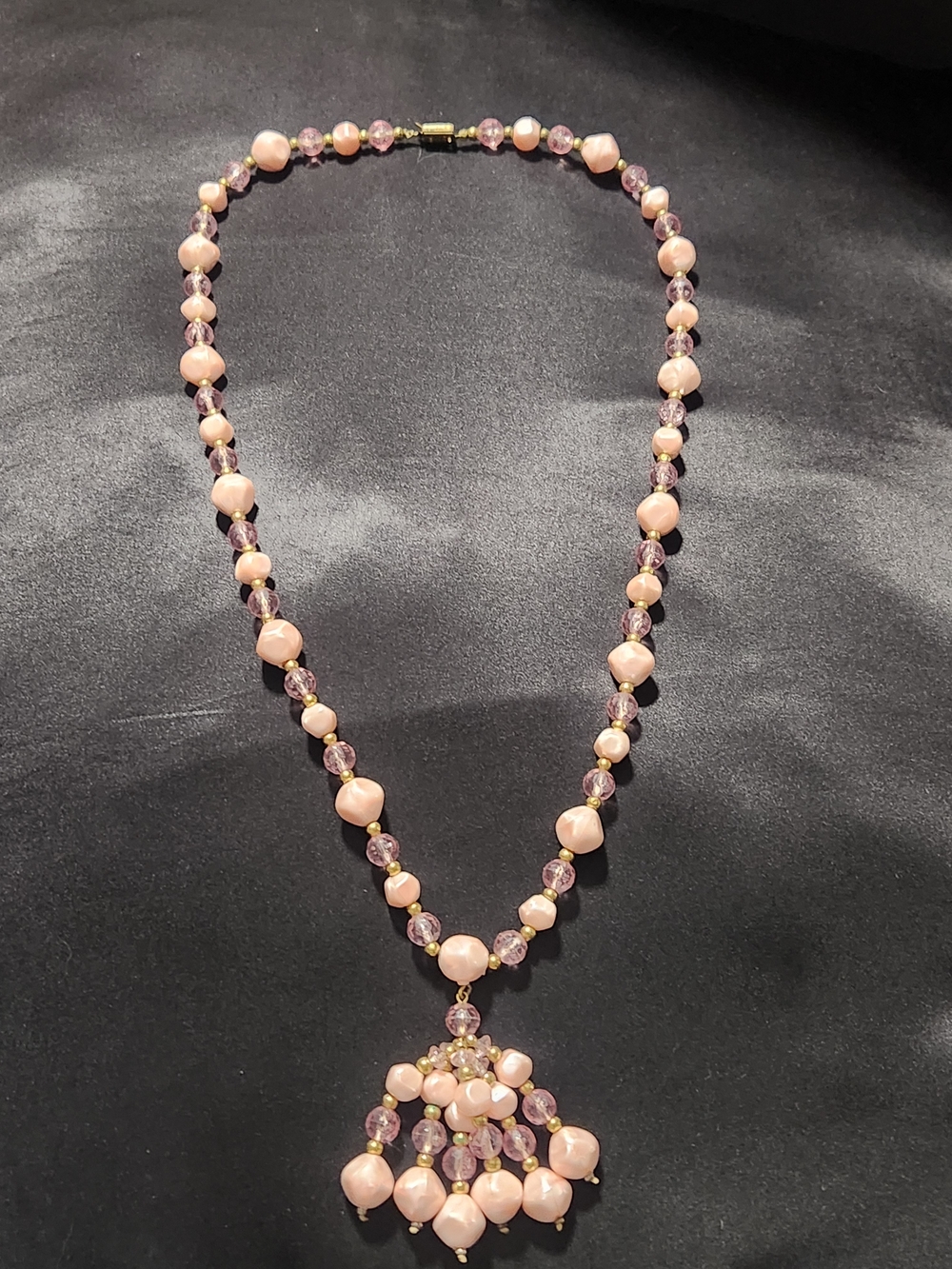 ​Vintage Pink Beaded Statement Necklace Chandelier Tassel Pendant